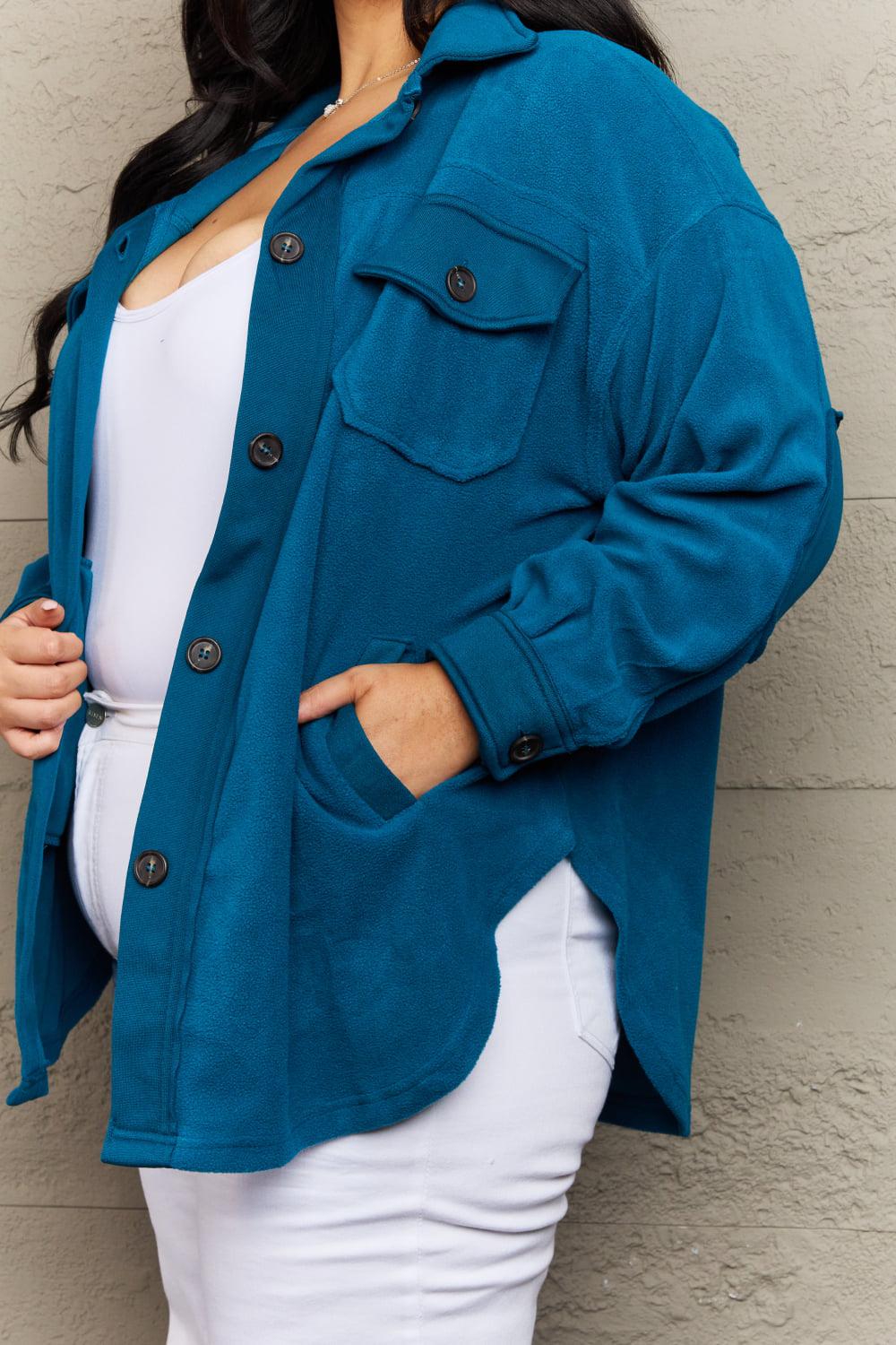 Zenana Cozy in the Cabin Full Size Fleece Elbow Patch Shacket in Teal BLUE ZONE PLANET