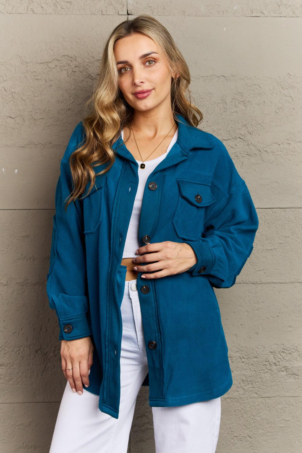 Zenana Cozy in the Cabin Full Size Fleece Elbow Patch Shacket in Teal BLUE ZONE PLANET