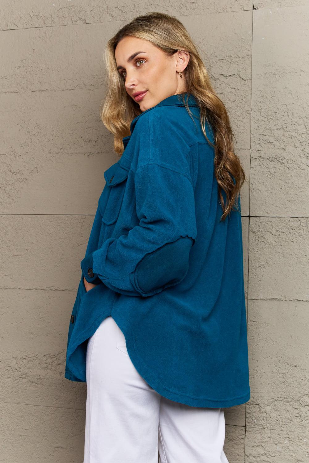 Zenana Cozy in the Cabin Full Size Fleece Elbow Patch Shacket in Teal BLUE ZONE PLANET