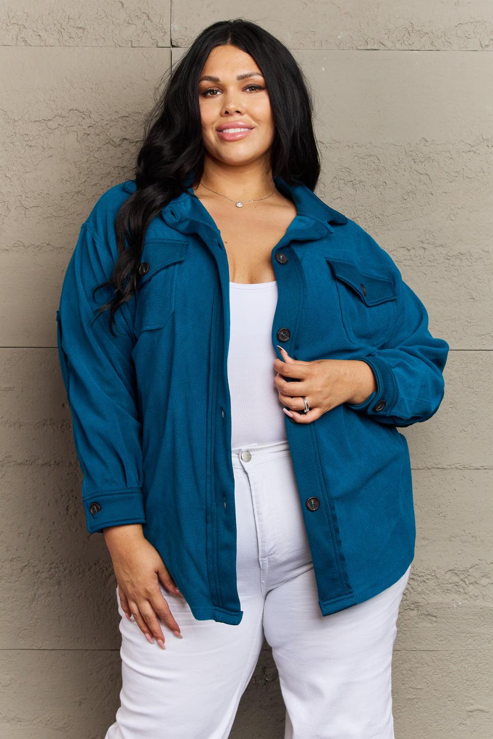 Zenana Cozy in the Cabin Full Size Fleece Elbow Patch Shacket in Teal BLUE ZONE PLANET