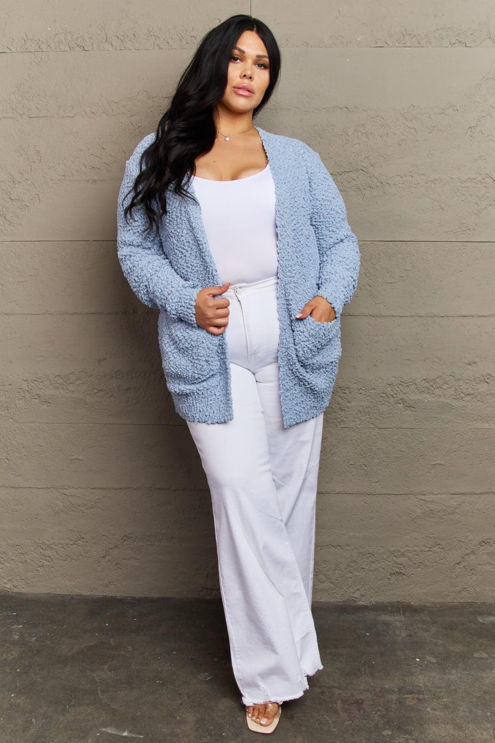 Zenana Falling For You Full Size Open Front Popcorn Cardigan BLUE ZONE PLANET