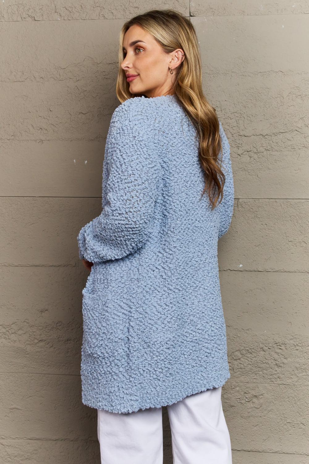 Zenana Falling For You Full Size Open Front Popcorn Cardigan BLUE ZONE PLANET