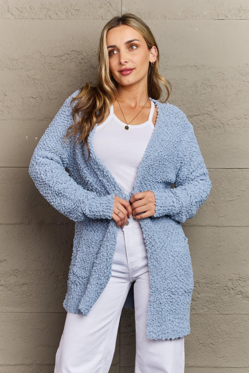 Zenana Falling For You Full Size Open Front Popcorn Cardigan BLUE ZONE PLANET