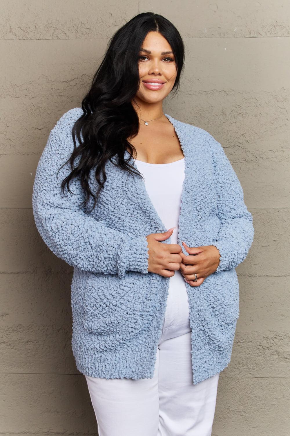 Zenana Falling For You Full Size Open Front Popcorn Cardigan BLUE ZONE PLANET