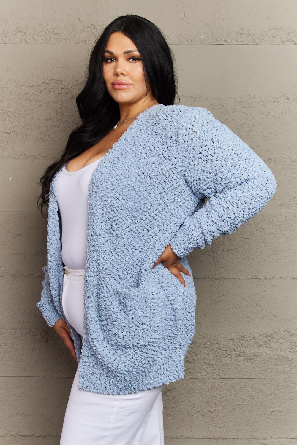 Zenana Falling For You Full Size Open Front Popcorn Cardigan BLUE ZONE PLANET