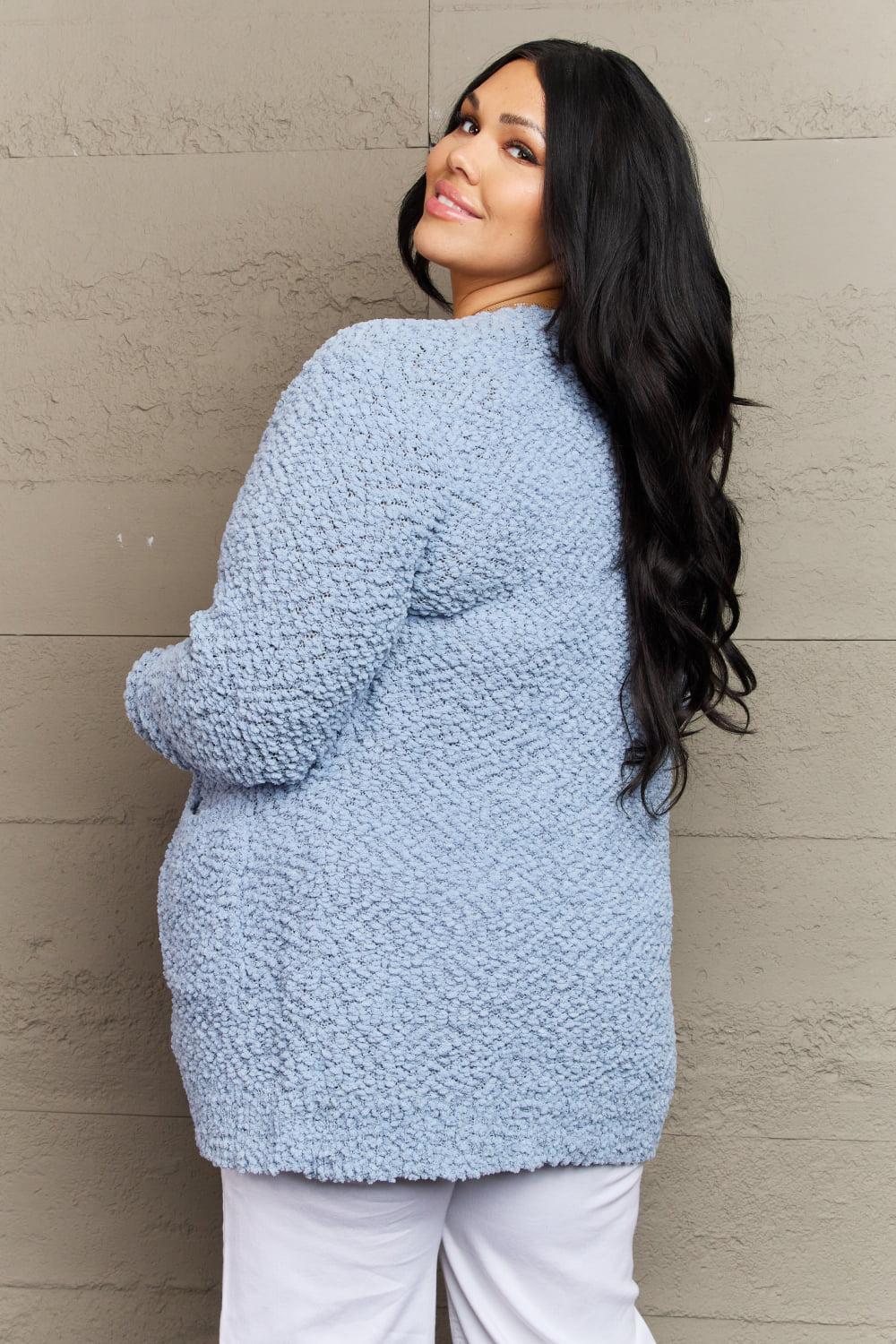 Zenana Falling For You Full Size Open Front Popcorn Cardigan BLUE ZONE PLANET