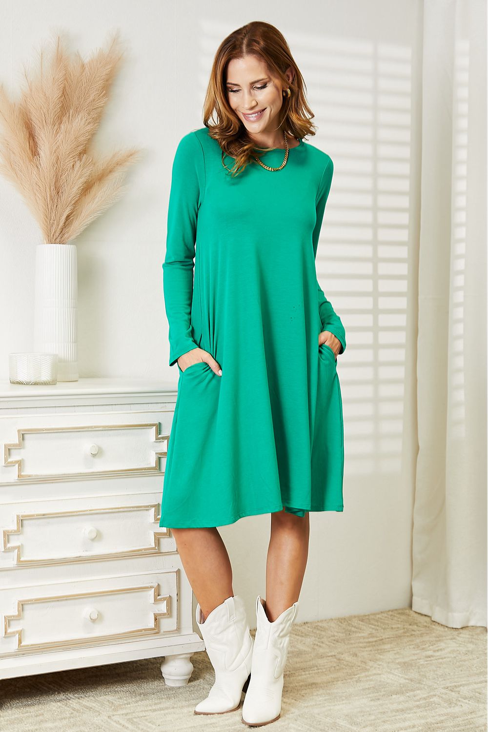 Zenana Full Size Long Sleeve Flare Dress with Pockets BLUE ZONE PLANET