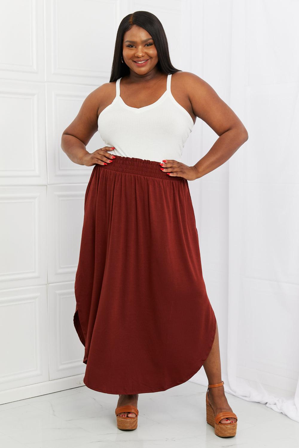 Zenana It's My Time Full Size Side Scoop Scrunch Skirt in Dark Rust BLUE ZONE PLANET