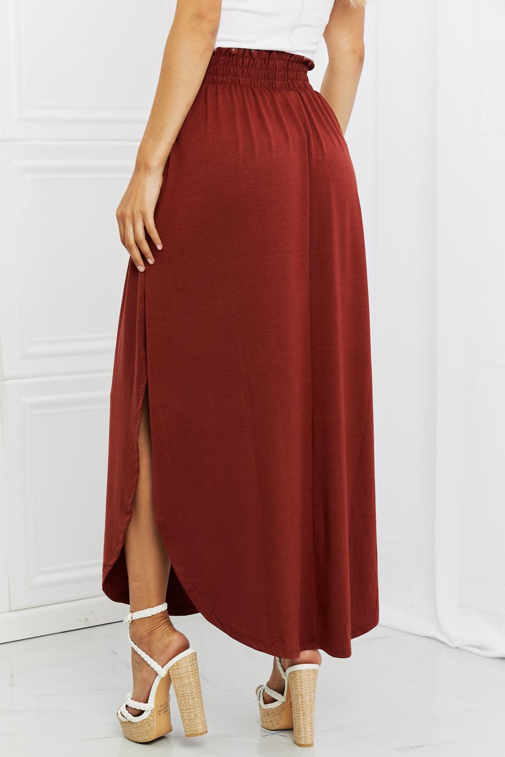 Zenana It's My Time Full Size Side Scoop Scrunch Skirt in Dark Rust BLUE ZONE PLANET