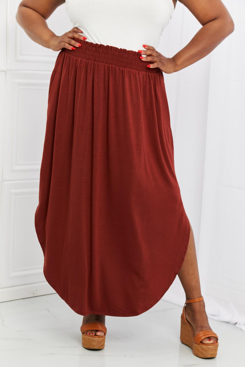 Zenana It's My Time Full Size Side Scoop Scrunch Skirt in Dark Rust BLUE ZONE PLANET