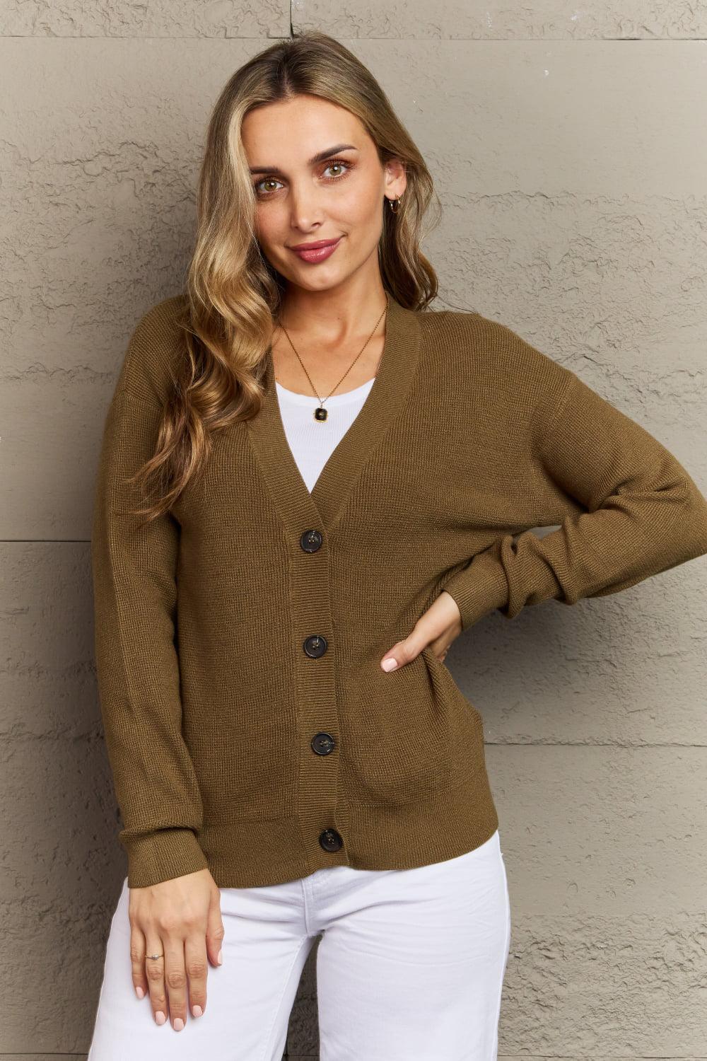 Zenana Kiss Me Tonight Full Size Button Down Cardigan in Olive BLUE ZONE PLANET