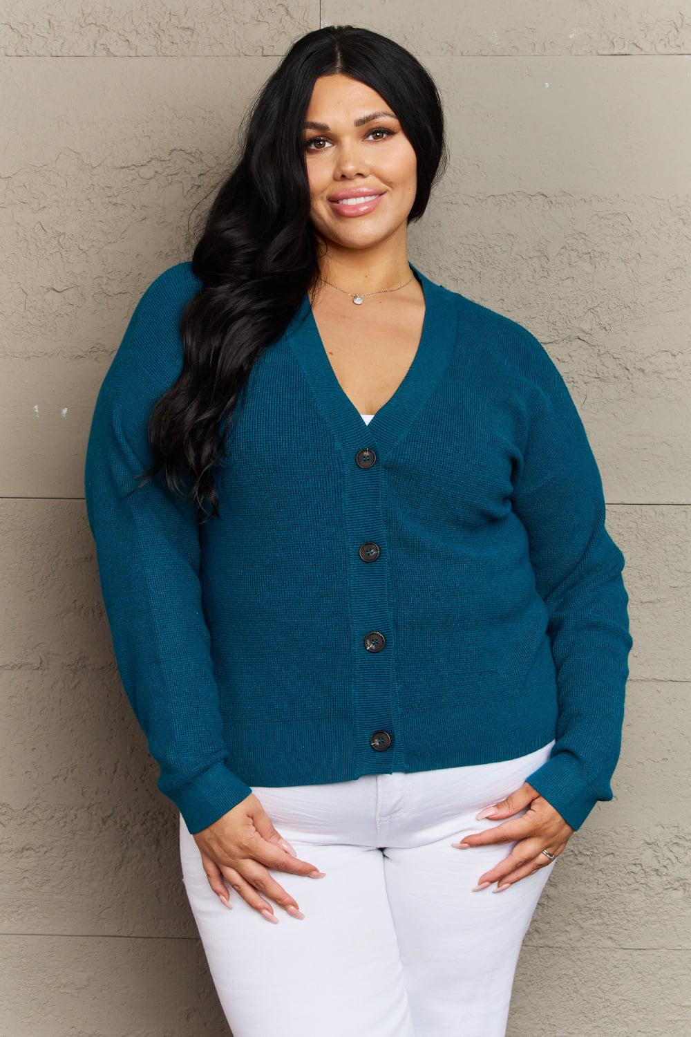 Zenana Kiss Me Tonight Full Size Button Down Cardigan in Teal BLUE ZONE PLANET