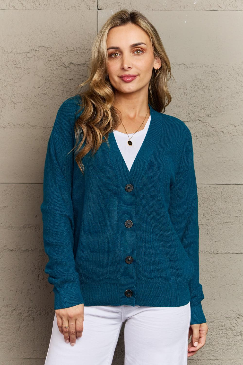 Zenana Kiss Me Tonight Full Size Button Down Cardigan in Teal BLUE ZONE PLANET