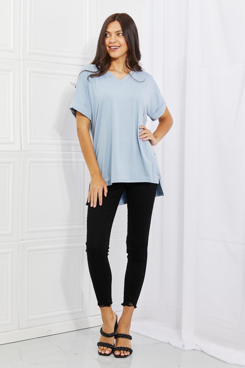 Zenana Simply Comfy Full Size V-Neck Loose Fit Shirt in Blue BLUE ZONE PLANET