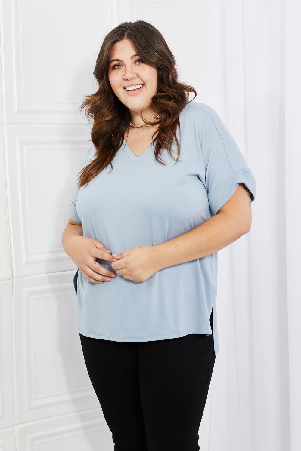 Zenana Simply Comfy Full Size V-Neck Loose Fit Shirt in Blue BLUE ZONE PLANET