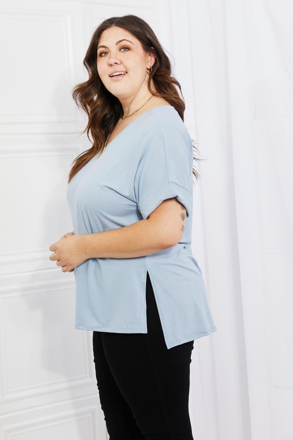 Zenana Simply Comfy Full Size V-Neck Loose Fit Shirt in Blue BLUE ZONE PLANET