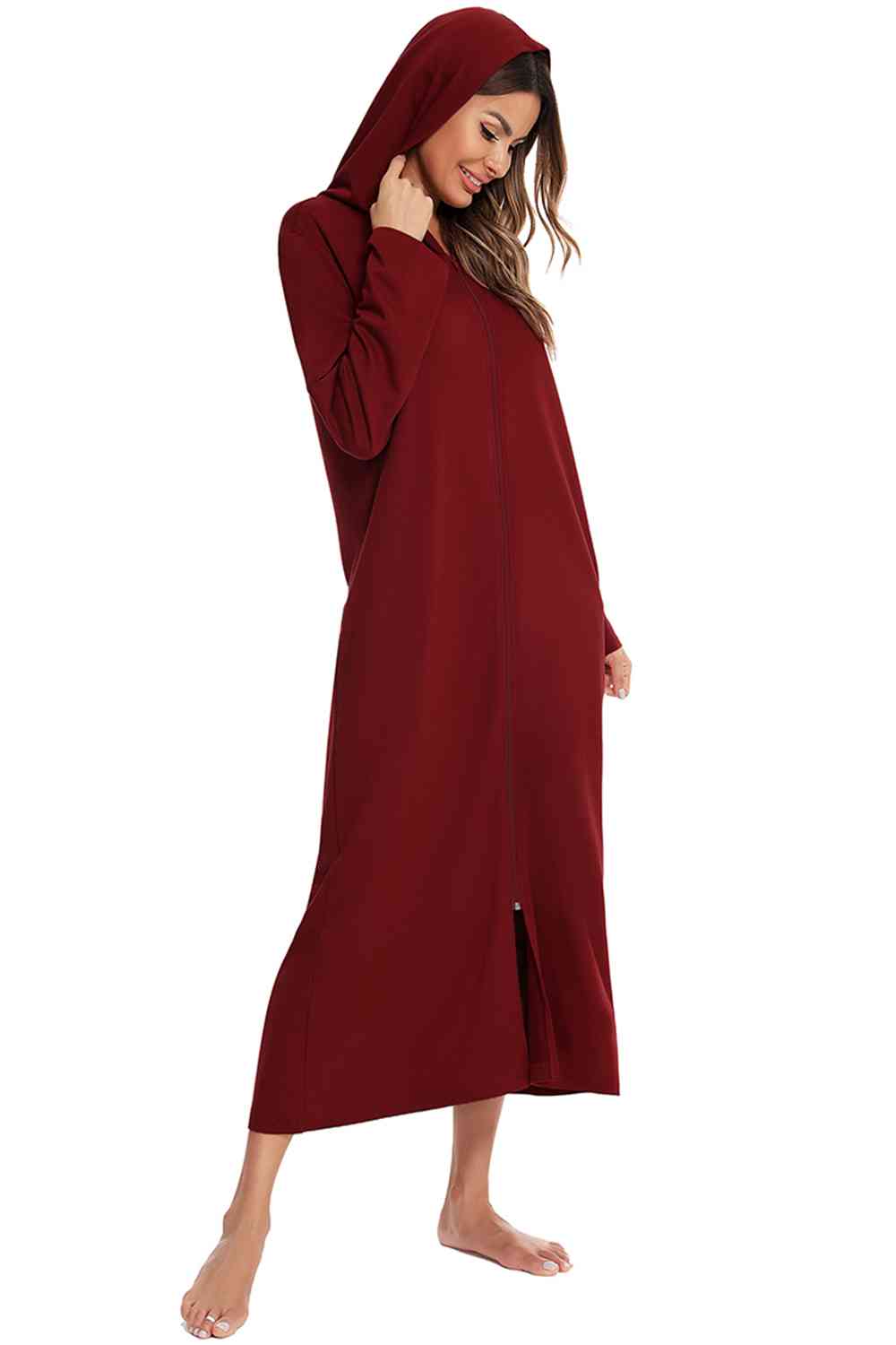 Zip Front Hooded Night Dress with Pockets BLUE ZONE PLANET