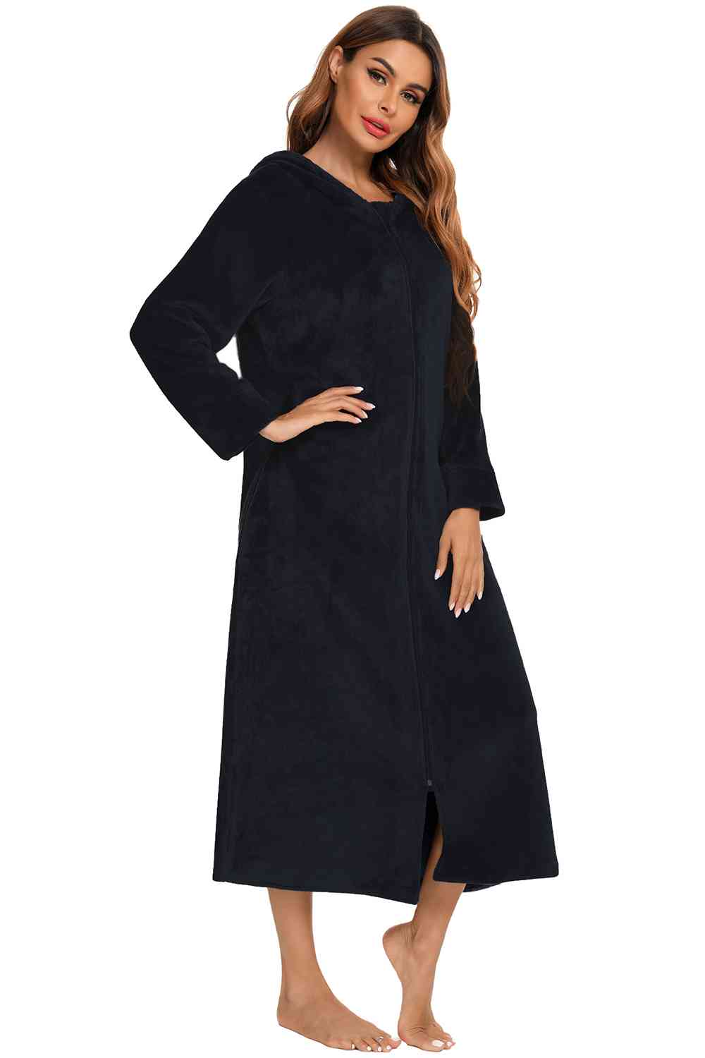 Zip Front Hooded Night Dress with Pockets BLUE ZONE PLANET