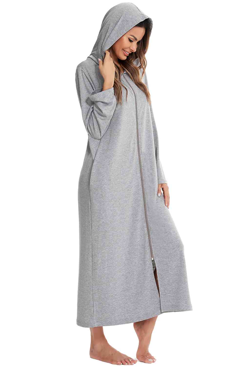 Zip Front Hooded Night Dress with Pockets BLUE ZONE PLANET