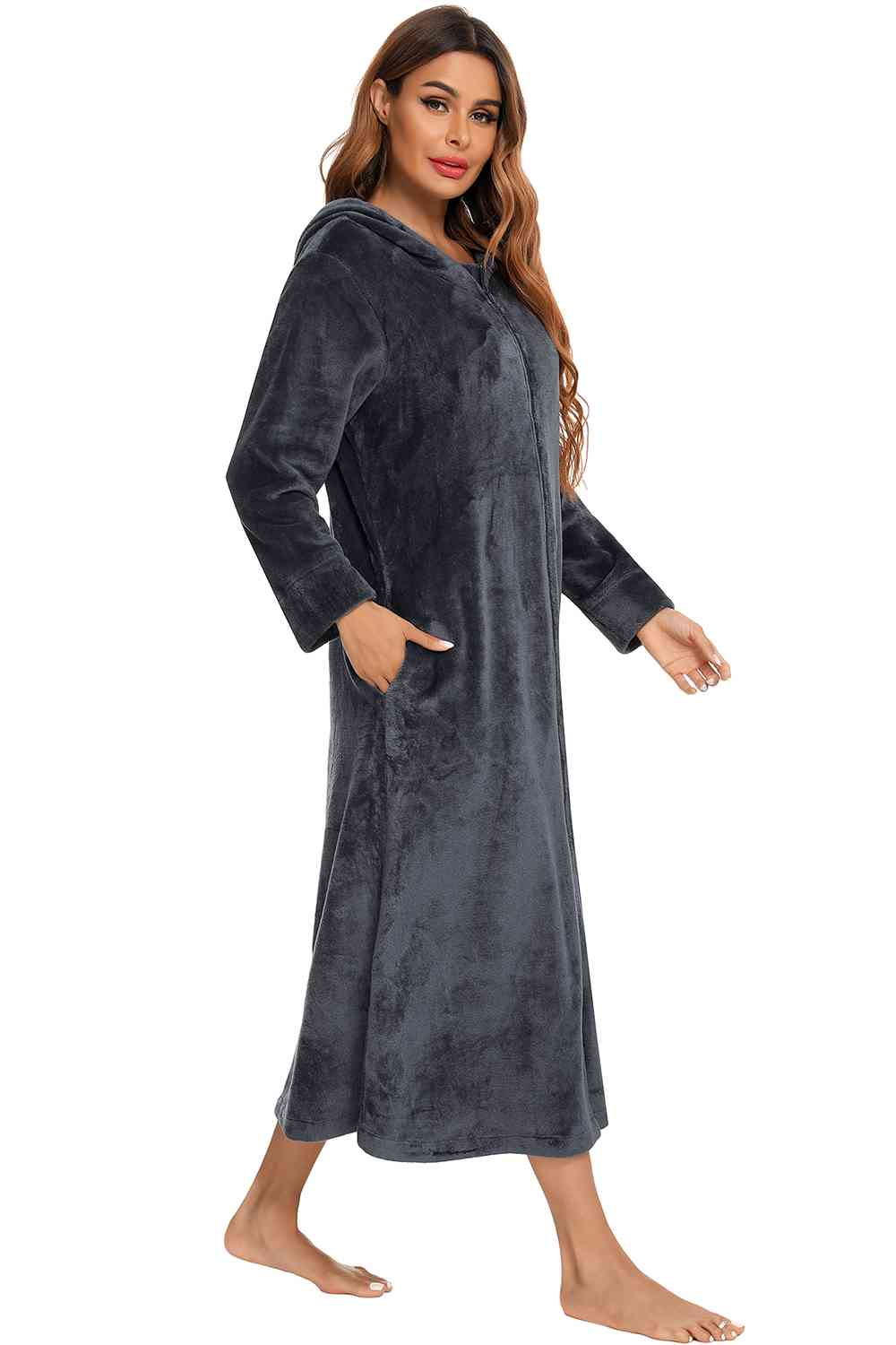 Zip Front Hooded Night Dress with Pockets BLUE ZONE PLANET