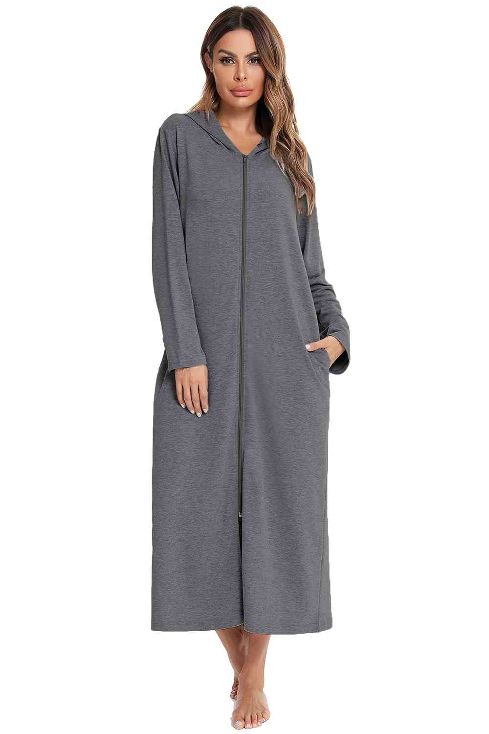 Zip Front Hooded Night Dress with Pockets BLUE ZONE PLANET