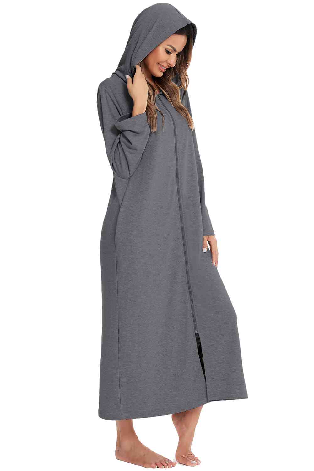 Zip Front Hooded Night Dress with Pockets BLUE ZONE PLANET