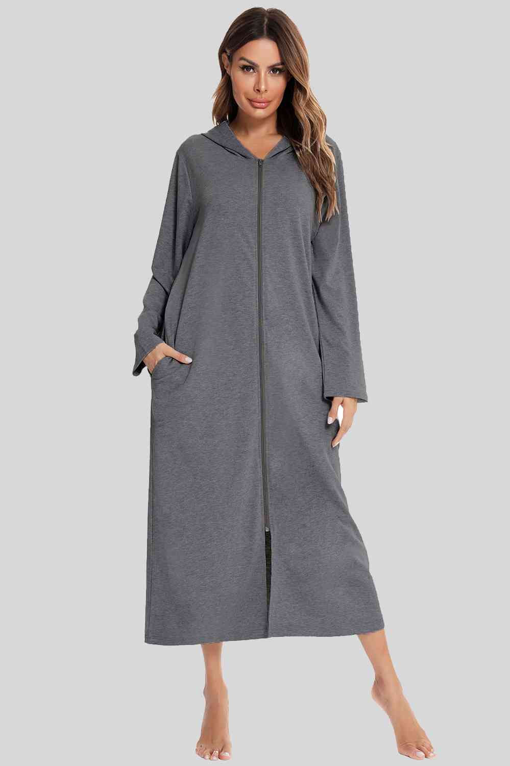 Zip Front Hooded Night Dress with Pockets BLUE ZONE PLANET