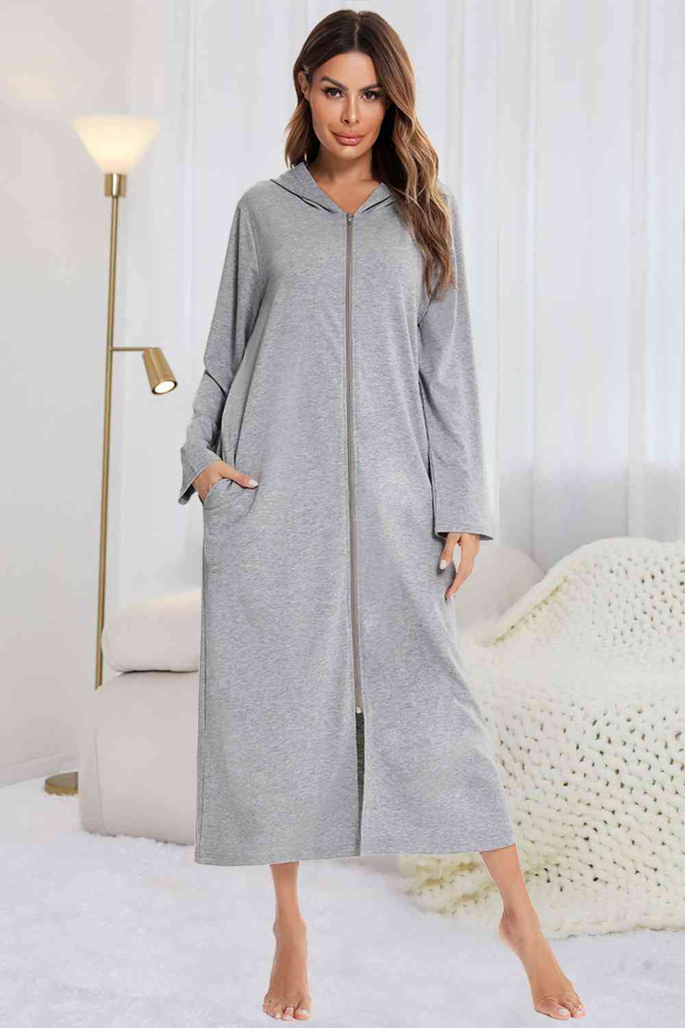 Zip Front Hooded Night Dress with Pockets BLUE ZONE PLANET