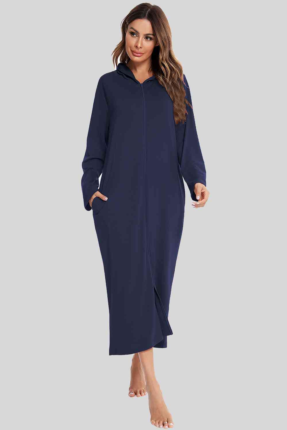 Zip Front Hooded Night Dress with Pockets BLUE ZONE PLANET