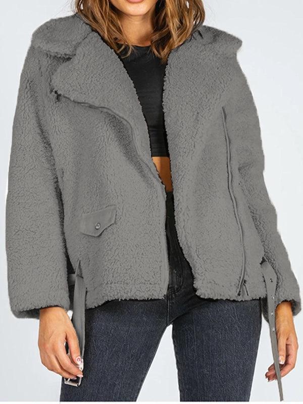 Zip-Up Belted Sherpa Jacket BLUE ZONE PLANET