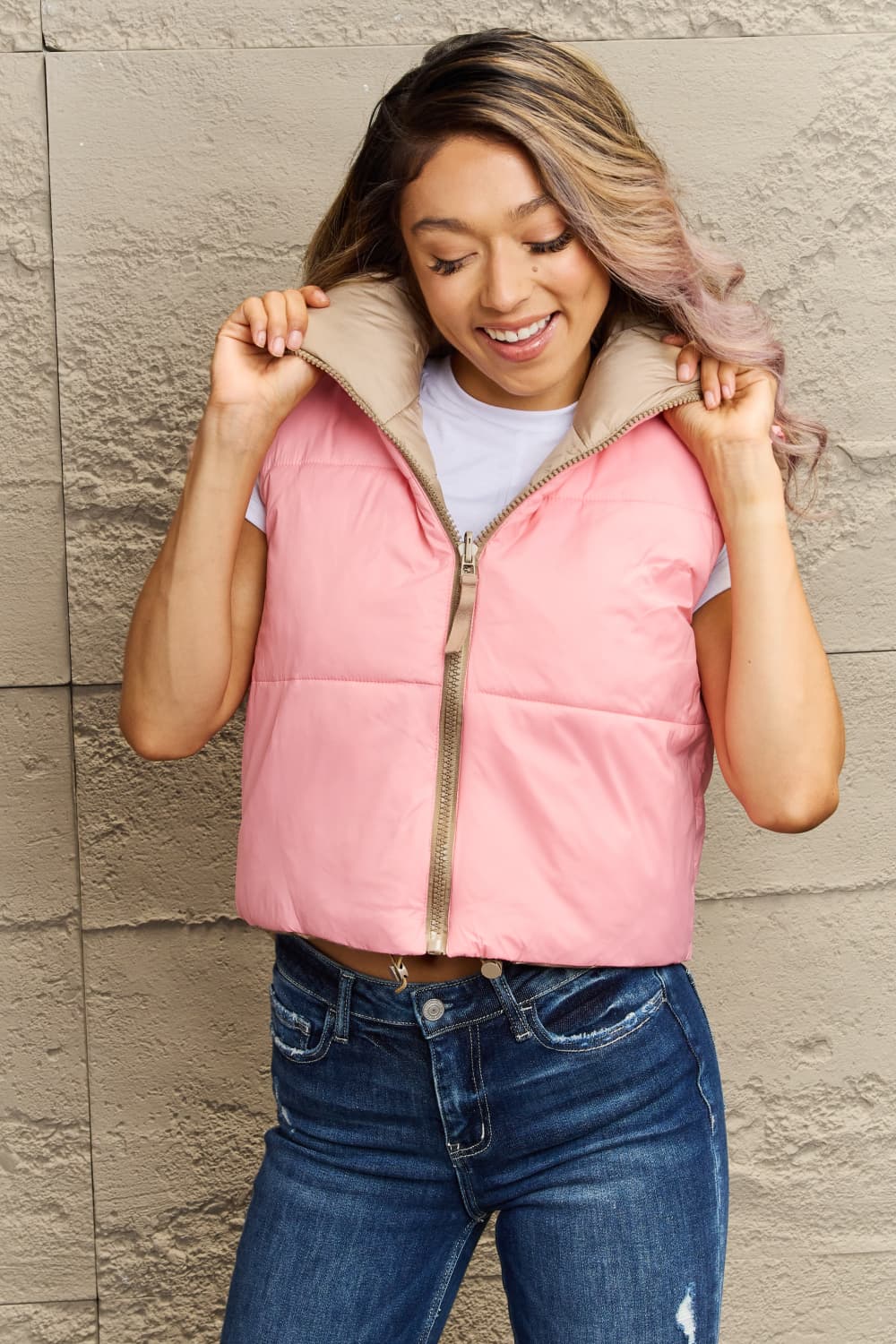 Blush Pink Puffer Vest  Pink vest outfit, Blush pink vest, Vest outfits