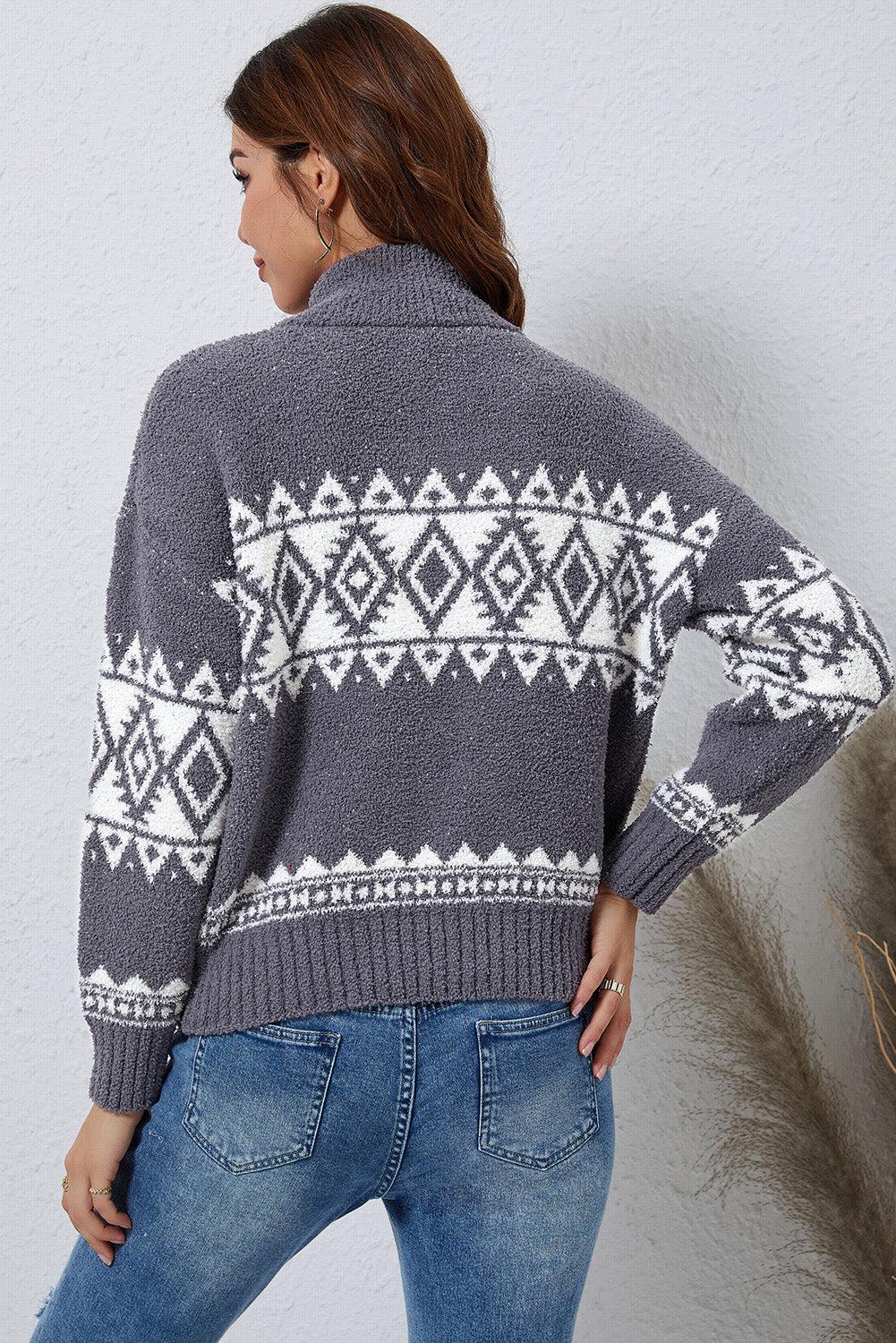 Zip-Up Geometrical Pattern Pullover Sweater BLUE ZONE PLANET