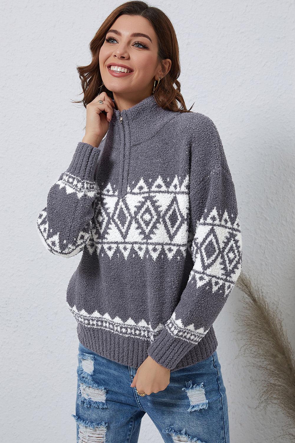 Zip-Up Geometrical Pattern Pullover Sweater BLUE ZONE PLANET