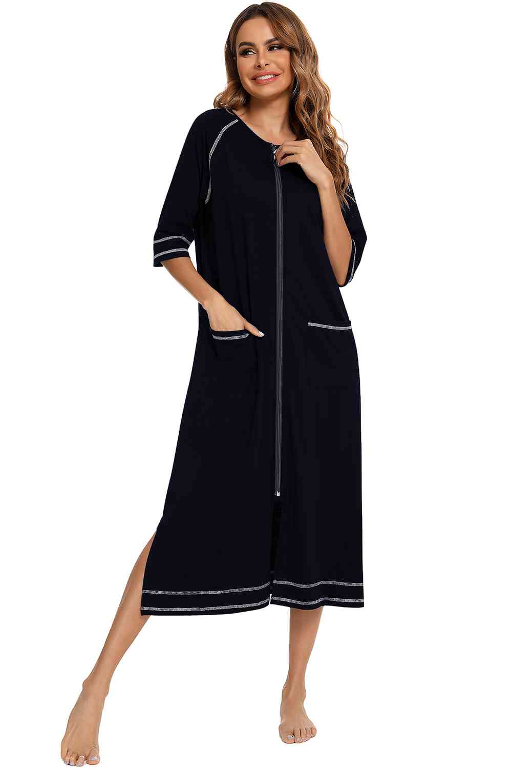 Zip Up Slit Round Neck Night Dress with Pockets BLUE ZONE PLANET