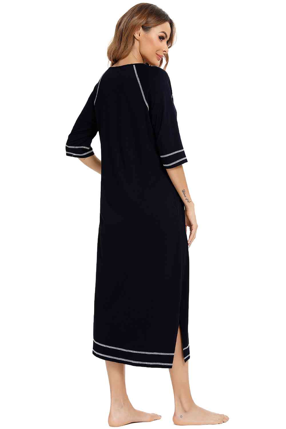 Zip Up Slit Round Neck Night Dress with Pockets BLUE ZONE PLANET