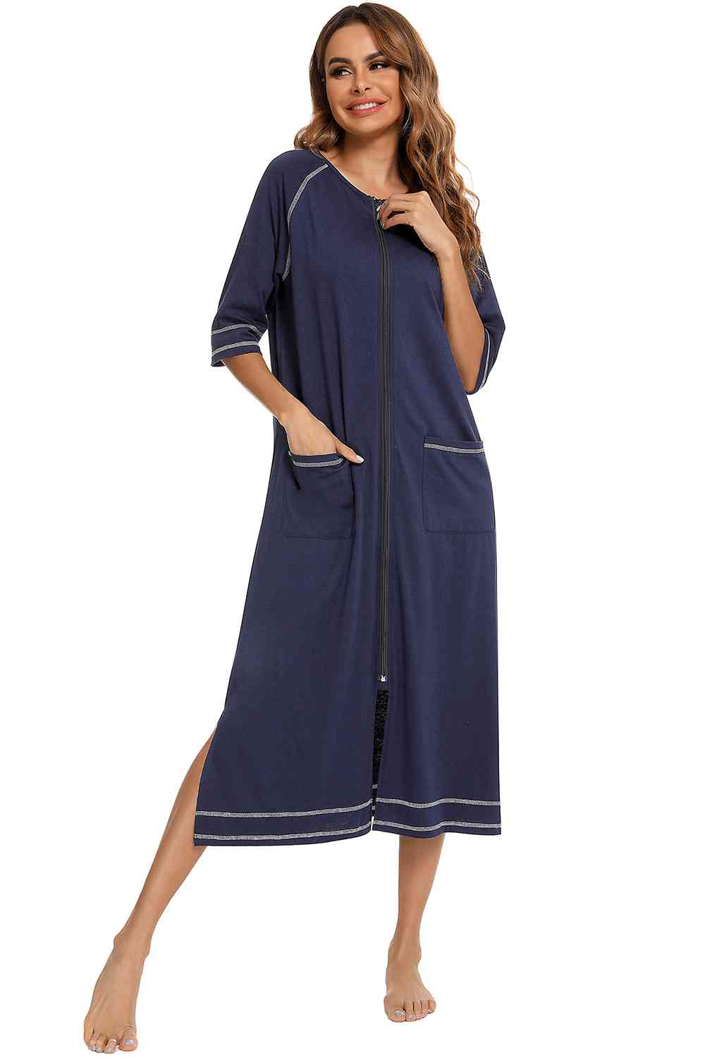 Zip Up Slit Round Neck Night Dress with Pockets BLUE ZONE PLANET