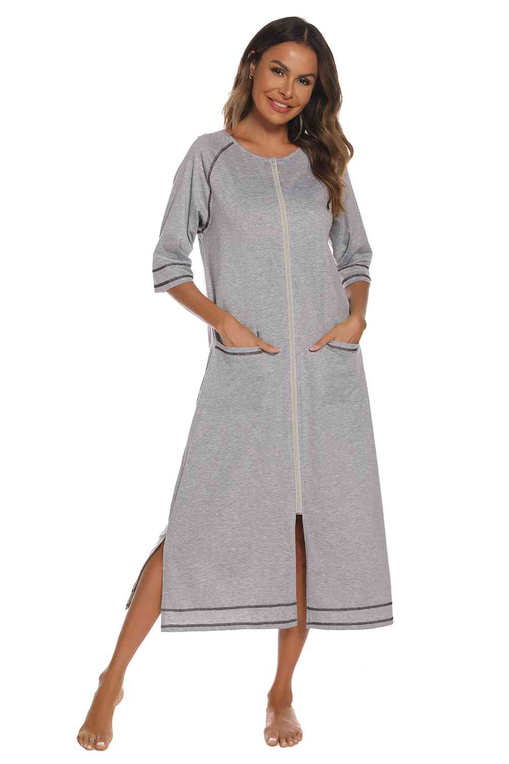 Zip Up Slit Round Neck Night Dress with Pockets BLUE ZONE PLANET