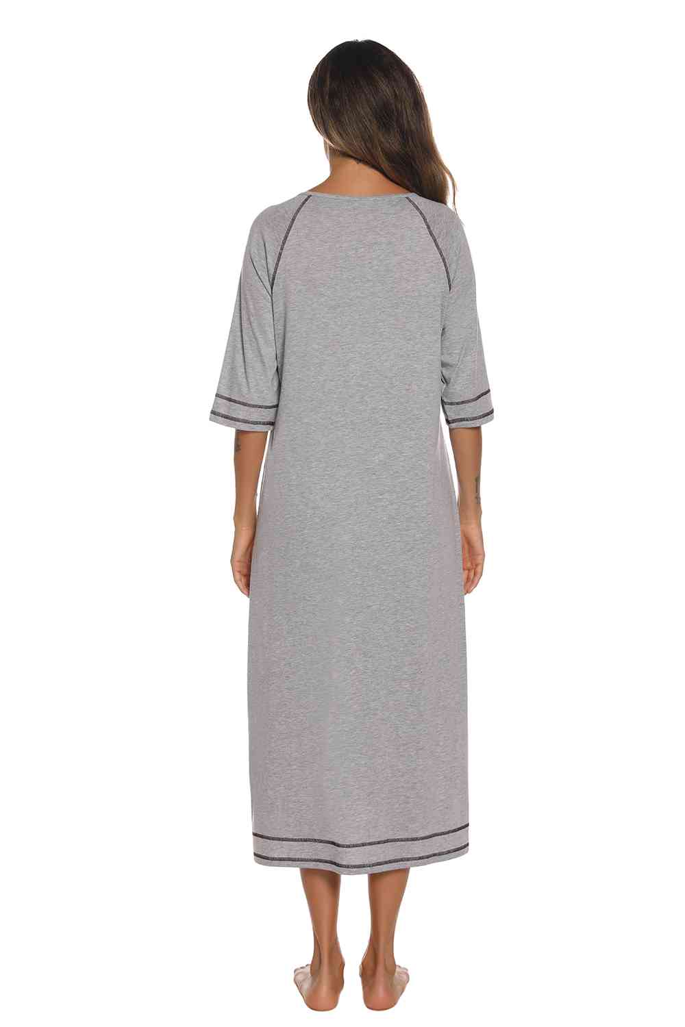 Zip Up Slit Round Neck Night Dress with Pockets BLUE ZONE PLANET