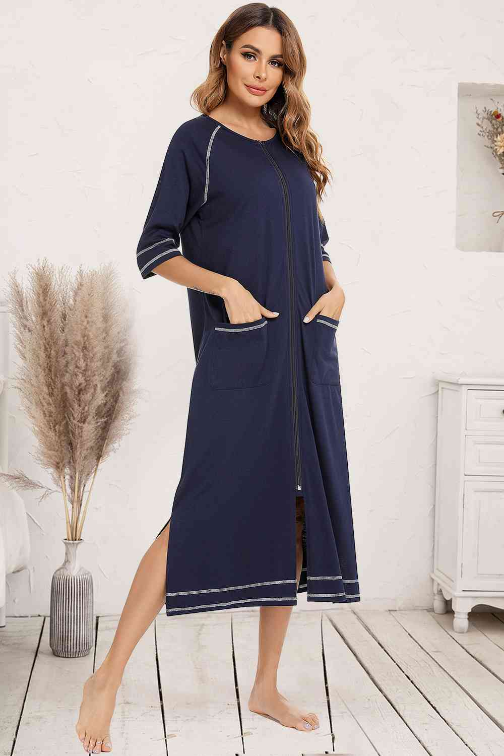 Zip Up Slit Round Neck Night Dress with Pockets BLUE ZONE PLANET