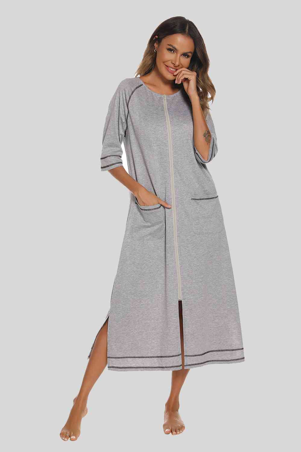 Zip Up Slit Round Neck Night Dress with Pockets BLUE ZONE PLANET