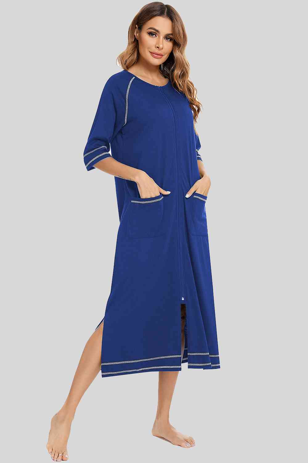 Zip Up Slit Round Neck Night Dress with Pockets BLUE ZONE PLANET