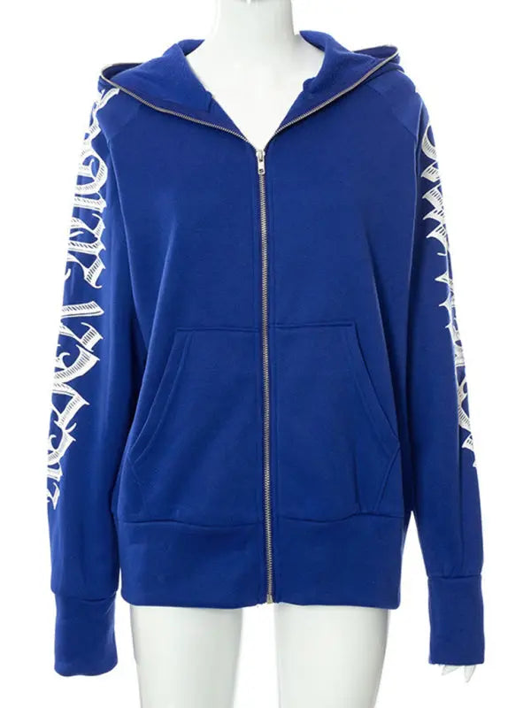 Zippered letter print hooded long-sleeved casual sweatshirt kakaclo