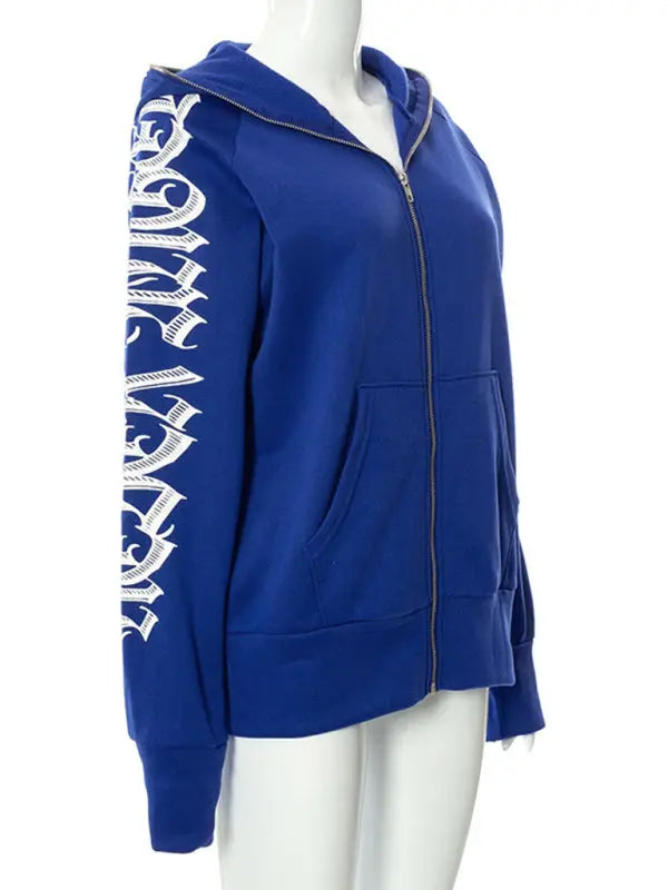 Zippered letter print hooded long-sleeved casual sweatshirt kakaclo