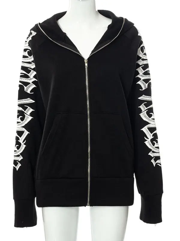 Zippered letter print hooded long-sleeved casual sweatshirt kakaclo