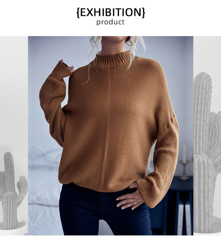 Women's Solid Color Long Sleeve Turtleneck Sweater-[Adult]-[Female]-Brown-S-2022 Online Blue Zone Planet