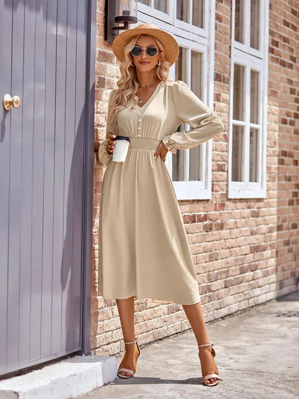 Zoe's V-Neck Waist Cinched Solid Midi Dress kakaclo