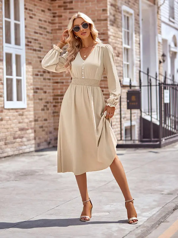 Zoe's V-Neck Waist Cinched Solid Midi Dress kakaclo