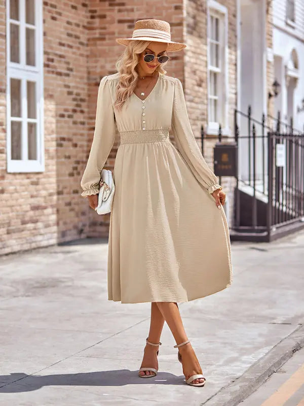 Zoe's V-Neck Waist Cinched Solid Midi Dress kakaclo