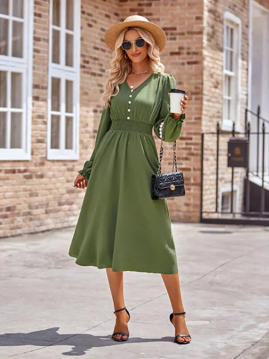 Zoe's V-Neck Waist Cinched Solid Midi Dress kakaclo