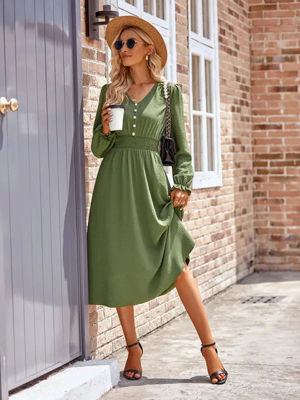 Zoe's V-Neck Waist Cinched Solid Midi Dress kakaclo